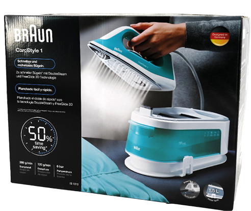 Blaue Braun CareStyle 1 Dampfb gelstation mit Hand, die B geleisen ber blauem Hemd h lt, Dampfaustritt sichtbar.