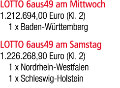 LOTTO 6aus49 am Mittwoch 1.212.694,00 Euro (Kl. 2) 1 x Baden W rttemberg LOTTO 6aus49 am Samstag 1.226.268,90 Euro (K...