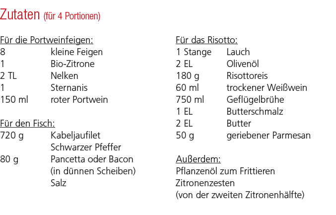 Zutaten (f r 4 Portionen) F r die Portweinfeigen: 8 kleine Feigen 1 Bio Zitrone 2 TL Nelken 1 Sternanis 150 ml roter ...