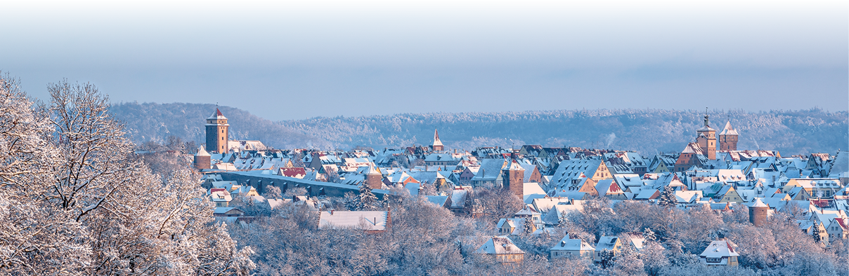 Das Bild zeigt die verschneite Stadtansicht von Rothenburg. Im Vordergrund sind schneebedeckte B ume sehen, die sich im Hintergrund der wei verschneiten H user ebenfalls erheben. Alles ist ein bl uliches Wintersonnenlicht getaucht.