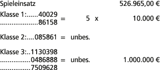 Spieleinsatz 526.965,00 € Klasse 1: 40029 86158 = 5 x 10.000 € Klasse 2: 085861 = unbes. Klasse 3: 1130398 0486888 = ...