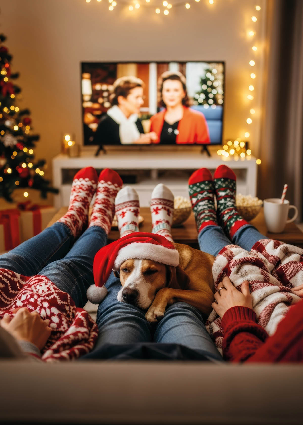 Drei Personen sitzen eng beieinander auf einem Sofa und strecken ihre Beine nach vorn aus. Alle tragen weihnachtliche Socken in Rot-, Wei - und Gr nt nen. Auf den Beinen der mittleren Person liegt ein Hund mit kurzem braun-wei em Fell, der ein rotes Weihnachtsmann-M tzchen tr gt und friedlich schl ft.   Vor ihnen steht ein Couchtisch mit zwei gro en Schalen Popcorn und einer wei en Tasse mit einem rot-wei en Trinkhalm. Im Hintergrund l uft auf einem Fernseher ein verschwommenes Bild zweier Menschen in einer weihnachtlich dekorierten Szene. Rechts und links leuchten warme Lichterketten, und links im Bild steht ein geschm ckter Weihnachtsbaum mit roten und goldenen Kugeln sowie eingepackten Geschenken darunter. Die Szene wirkt gem tlich, warm und festlich – wie ein gemeinsamer Weihnachtsfilmabend.