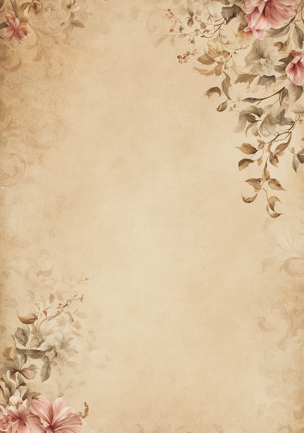 Beige Hintergrund mit zarten, rosa Bl ten und gr nen Bl ttern an den oberen linken und unteren rechten Ecken.