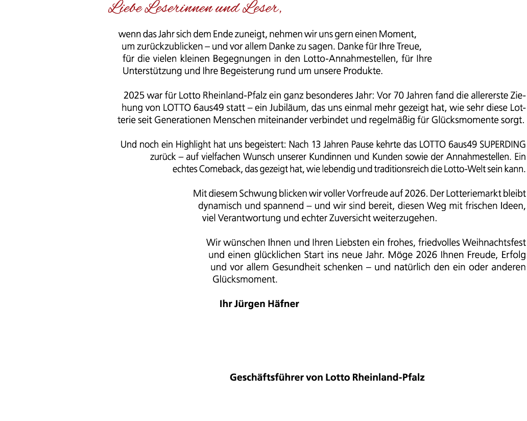 Liebe Leserinnen und Leser, wenn das Jahr sich dem Ende zuneigt, nehmen wir uns gern einen Moment, um zur ckzublicken...