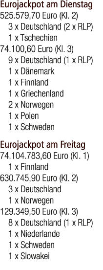 Eurojackpot am Dienstag 525.579,70 Euro (Kl. 2) 3 x Deutschland (2 x RLP) 1 x Tschechien 74.100,60 Euro (Kl. 3) 9 x D...