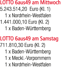 LOTTO 6aus49 am Mittwoch 5.243.514,20 Euro (Kl. 1) 1 x Nordrhein Westfalen 1.441.000,10 Euro (Kl. 2) 1 x Baden W rtte...