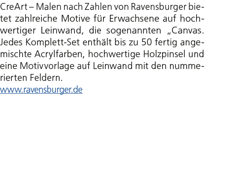 CreArt – Malen nach Zahlen von Ravensburger bietet zahlreiche Motive f r Erwachsene auf hochwertiger Leinwand, die so...
