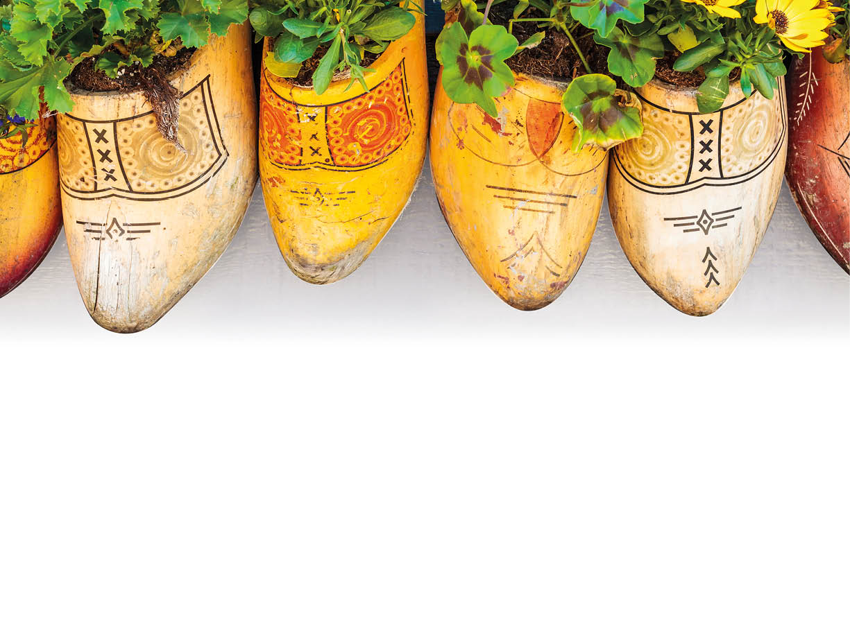 Auf dem Bild sind mehrere alte Holzschuhe zu sehen, die als Pflanzgef e genutzt werden. Die Schuhe stehen nebeneinander auf einer dunklen Ablage und sind unterschiedlich bemalt und verziert, teils mit traditionellen Mustern und Symbolen. In den Holzschuhen wachsen bl hende Pflanzen mit gr nen Bl ttern und gelben sowie orangefarbenen Bl ten.