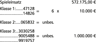 Spieleinsatz 572.175,00 € Klasse 1: 47128 14826 = 6 x 10.000 € Klasse 2: 065832 = unbes. Klasse 3: 3030258 9005488 = ...