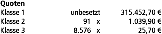 Quoten Klasse 1 unbesetzt 315.452,70 € Klasse 2 91 x 1.039,90 € Klasse 3 8.576 x 25,70 € 
