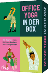 Illustrationen von zwei Personen in Yoga-Posen auf gr nem und rosa Hintergrund mit dem Text 'OFFICE YOGA IN DER BOX' und '52 Asanas zum Dehnen, Lockern und Entspannen'