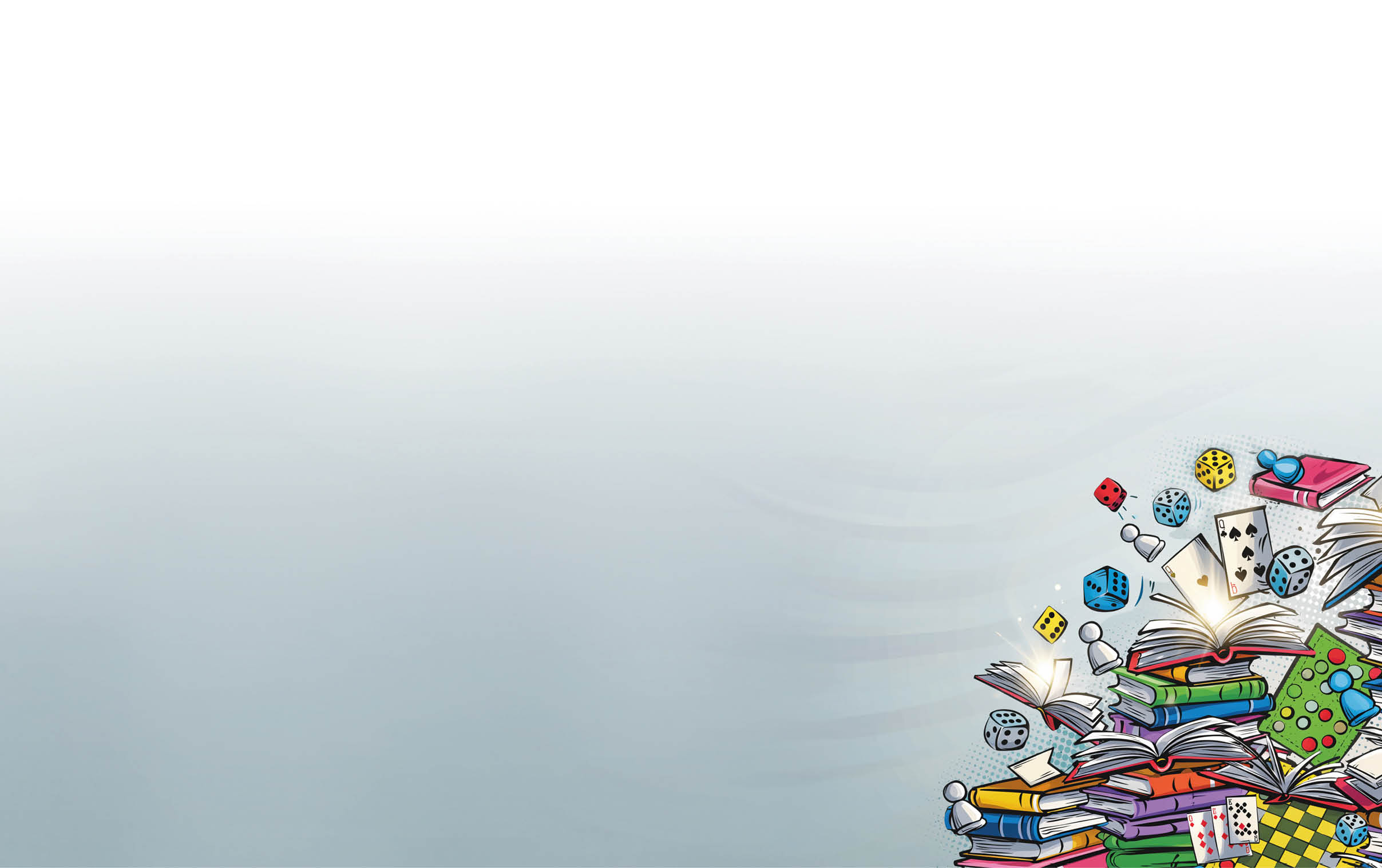 Bunte, verspielte Illustration mit aufgeschlagenen B cherstapeln, Spielw rfeln, Spielkarten und Spielfiguren vor blauem Hintergrund