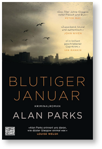 Dunkle Stadtsilhouette mit V geln am Himmel und orangefarbenem Text mit Buchtitel und Autorenname