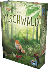 Spieleschachtel mit dem Titel “Mischwald" zeigt einen Fuchs, einen Hirsch, Schmetterlinge, Erdbeeren und Waldpflanzen in einem Mischwald