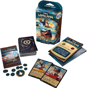 Spielkarten, Spielanleitung und Spielmarken des Disney Lorcana Trading Card Game mit dem Erweiterungsset »Azurblaues Meer«