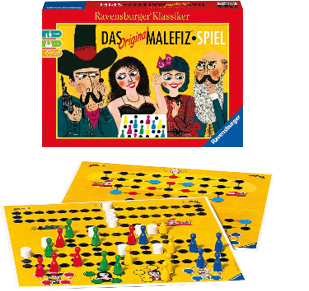 Spielschachtel und Spielbretter des Brettspiels Malefiz mit bunten Spielfiguren und W rfel