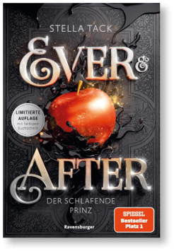 Buchcover mit dem Titel 'Ever & After Der schlafende Prinz' von Stella Tack zeigt einen roten Apfel vor dunklem, ornamentreichem Hintergrund