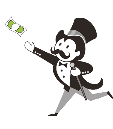 Figur mit Zylinder, Schnurrbart, Frack und Gehstock l uft und wirft Geldschein in die Luft