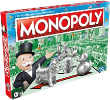 Spielschachtel von Monopoly mit Spielfiguren Hund, Auto, Schachfigur, N hgarnrolle und Gummiente auf gr nem Hintergrund