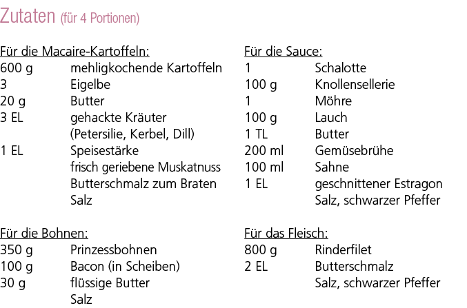 Zutaten (f r 4 Portionen) F r die Macaire Kartoffeln: 600 g mehligkochende Kartoffeln 3 Eigelbe 20 g Butter 3 EL geha...