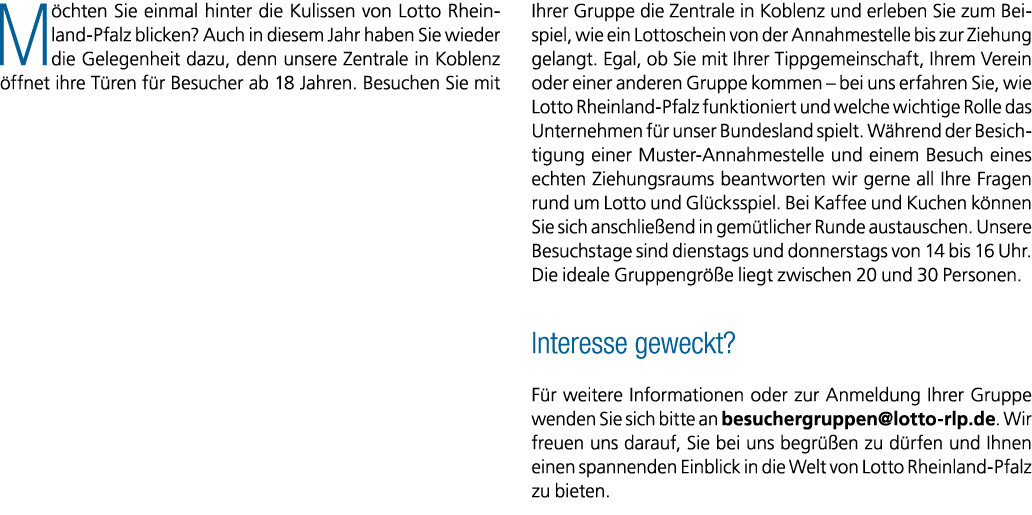 M chten Sie einmal hinter die Kulissen von Lotto Rheinland Pfalz blicken? Auch in diesem Jahr haben Sie wieder die Ge...