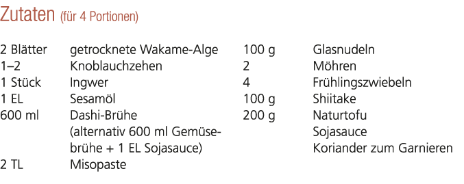 Zutaten (f r 4 Portionen) 2 Bl tter getrocknete Wakame Alge 1–2 Knoblauchzehen 1 St ck Ingwer 1 EL Sesam l 600 ml Das...
