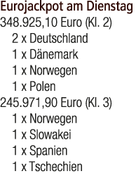 Eurojackpot am Dienstag 348.925,10 Euro (Kl. 2) 2 x Deutschland 1 x D nemark 1 x Norwegen 1 x Polen 245.971,90 Euro (...