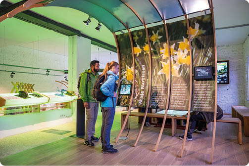 Zwei Personen in Wanderkleidung stehen in einer Ausstellung und schauen auf eine Info-Schautafel.