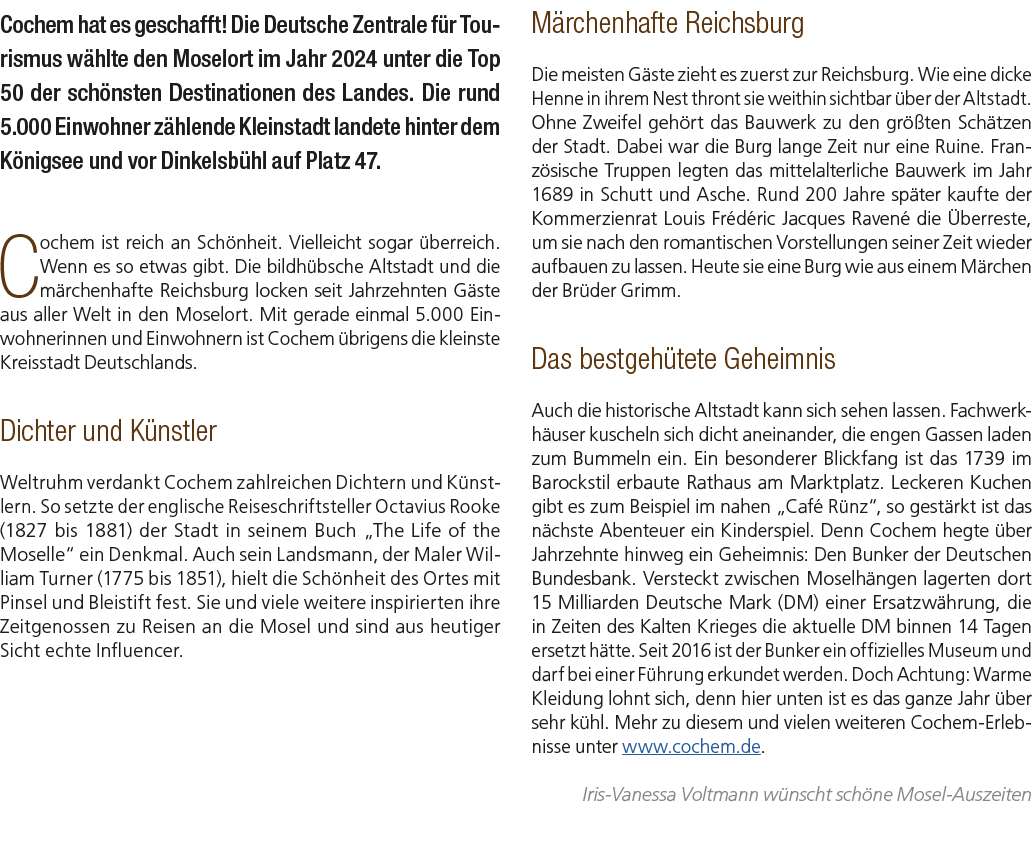 Cochem hat es geschafft! Die Deutsche Zentrale f r Tourismus w hlte den Moselort im Jahr 2024 unter die Top 50 der sc...