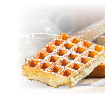 Das Bild zeigt eine goldbraun gebackene Waffel in Nahaufnahme.    Auf der Waffel liegt Puderzucker. Der Hintergrund ist leicht unscharf.