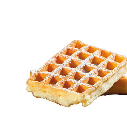 Das Bild zeigt eine goldbraun gebackene Waffel in Nahaufnahme.    Auf der Waffel liegt Puderzucker. Der Hintergrund ist leicht unscharf.