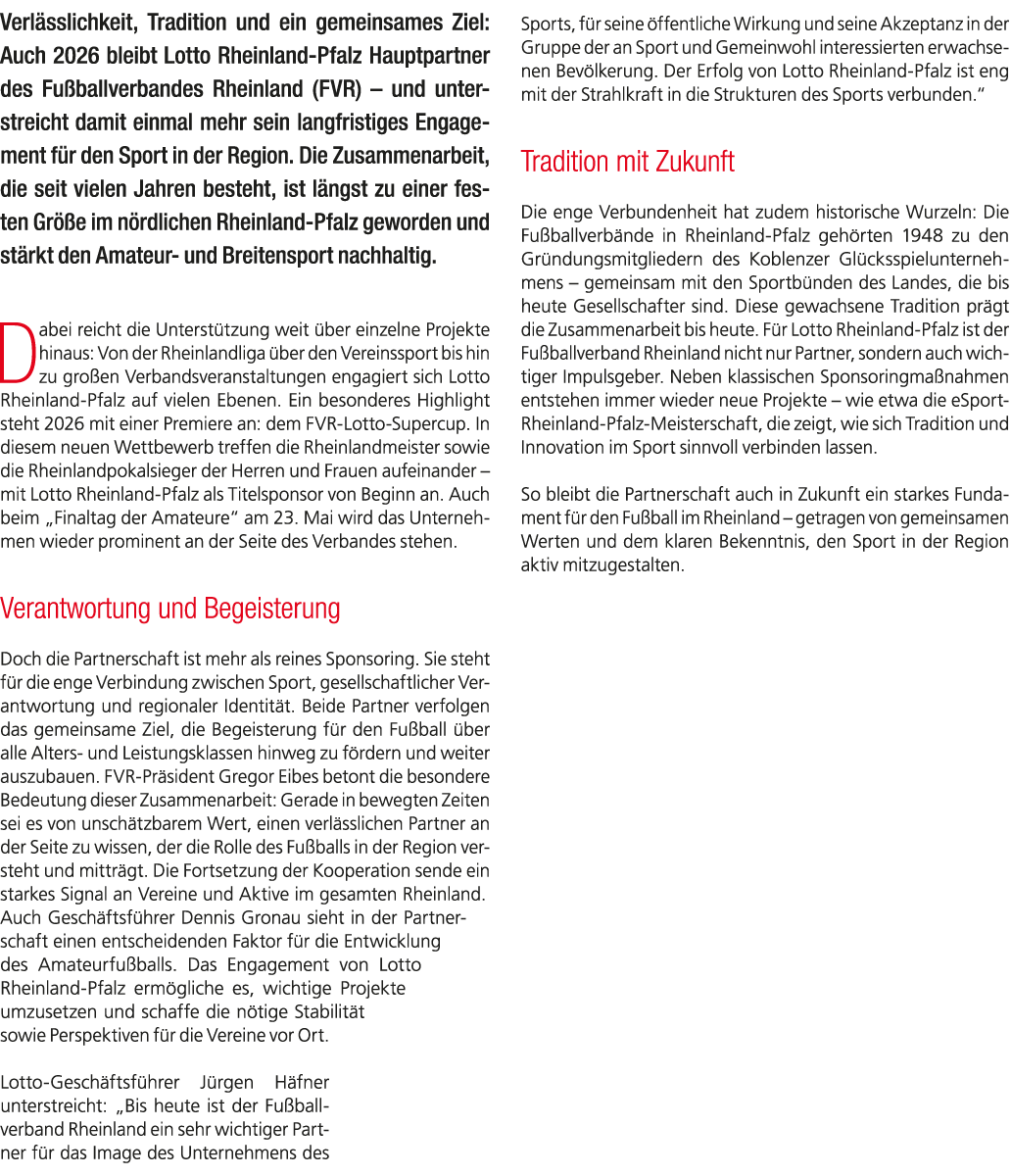 Verl sslichkeit, Tradition und ein gemeinsames Ziel: Auch 2026 bleibt Lotto Rheinland Pfalz Hauptpartner des Fu ballv...