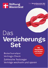 Ein violetter Informationsflyer der Stiftung Warentest tr gt den Titel „Das Versicherungs‑Set“ in gro en wei en Buchstaben. Oben rechts ist in einem wei en Kreis ein rotes, verknotetes Seil abgebildet, das Sicherheit oder Zusammenhalt symbolisiert. Unten stehen stichpunktartig Hinweise wie „Bedarfsanalyse“, „Vertrags‑Check“ und „Vertr ge wechseln und sparen“. Rechts ein roter Kreis betont „Mit Checklisten und Musterschreiben“. Oben links ist das wei e Stiftung‑Warentest‑Logo auf rotem Quadrat zu sehen.