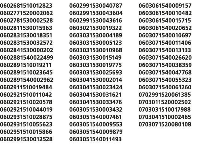 0602681510012823 0602771520002062 0602781530002528 0602811530015963 0602831530018351 0602831530032572 060284153000020...