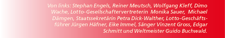 Von links: Stephan Engels, Reiner Meutsch, Wolfgang Kleff, Dimo Wache, Lotto Gesellschaftervertreterin Monika Sauer, ...