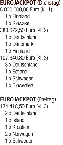 EUROJACKPOT (Dienstag) 5.000.000,00 Euro (Kl. 1) 1 x Finnland 1 x Slowakei 380.672,50 Euro (Kl. 2) 1 x Deutschland 1 ...
