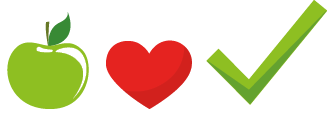 Auf wei em Hintergrund sind vier einfache Symbole in einer Reihe angeordnet. Links sieht man eine rote, gezackte Linie wie auf einem EKG‑Monitor (Herzschlagkurve). Daneben folgen ein gr ner Apfel mit Blatt, ein rotes Herzsymbol und ganz rechts ein gro er gr ner Haken. Es steht kein Text im Bild. Die Grafik vermittelt die Aussage „Gesundheit durch gutes Essen und ein gesundes Herz – alles in Ordnung“.     