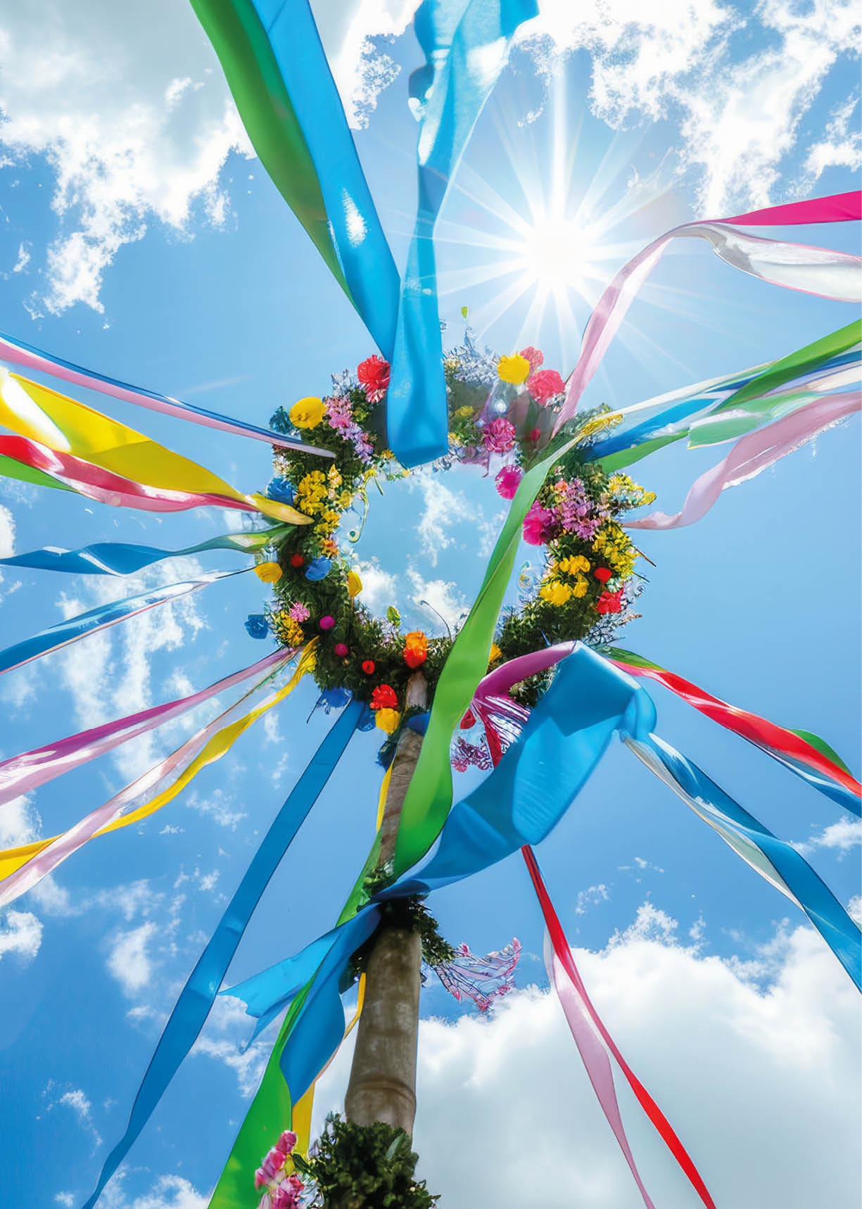 Das Bild zeigt einen geschm ckten Maibaum aus der Perspektive von unten nach oben. In der Mitte steht ein hoher Holzpfahl, an dessen Spitze ein runder Kranz aus Blumen befestigt ist.   Von diesem Kranz gehen viele lange, bunte B nder aus. Die B nder sind in verschiedenen Farben wie Blau, Gr n, Gelb, Rot und Rosa. Sie wehen nach au en und unten, als w rden sie sich im Wind bewegen.    Der Himmel im Hintergrund ist leuchtend blau mit wei en Wolken. Die Sonne scheint hell und ist nahe am Kranz zu sehen, wodurch ein strahlender Lichteffekt entsteht.    Die Szene wirkt festlich, farbenfroh und fr hlich.