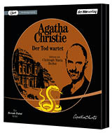 Das Bild zeigt das Cover eines H rbuchs (mp3) von Agatha Christie mit dem Titel „Der Tod wartet“. Der Hintergrund ist schwarz, in der Mitte liegt ein gro er braun‑orangefarbener Kreis mit schwarzer Schrift „Agatha Christie“ und dem Titel. Im Kreis sind links eine antike Ruine oder ein Tempel in Felslandschaft und rechts das Portr t eines Mannes (der Sprecher) abgebildet. Unten im Kreis ist eine gelbe, aufgerichtete Schlange als auff lliges Motiv zu sehen. Oben stehen die Hinweise „mp3 Vollst ndige Lesung“ und „der H rverlag“, unten links „Ein Hercule Poirot Krimi“. Au erdem steht im Kreis „Gelesen von Christoph Maria Herbst“ und unten rechts ist eine Signatur „Agatha Christie“.