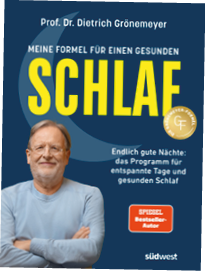 Das Bild zeigt das Cover eines Sachbuchs zum Thema Schlaf. Der Hintergrund ist dunkelblau, darauf steht der Titel in gro en, auff lligen gelben Buchstaben: „SCHLAF“. Dar ber ist der Name des Autors zu lesen: „Prof. Dr. Dietrich Gr nemeyer“.  Unter dem Titel steht der Untertitel:  „Endlich gute N chte: das Programm f r entspannte Tage und gesunden Schlaf“.  Links unten ist ein  lterer Mann mit grauen Haaren und Bart abgebildet. Er tr gt eine helle, lang rmlige Kleidung, hat die Arme locker verschr nkt und l chelt freundlich in die Kamera.  Neben dem Titel befindet sich ein rundes goldfarbenes Siegel mit der Aufschrift „Die Gr nemeyer-Formel“. Weiter unten ist ein rotes Feld mit dem Hinweis „SPIEGEL Bestseller-Autor“ zu sehen.  Unten steht der Name des Verlags „s dwest“.  Gesamteindruck:  Das Cover wirkt klar, modern und vertrauensw rdig und stellt das Thema gesunder Schlaf und Wohlbefinden in den Mittelpunkt.  