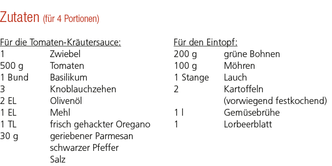Zutaten (f r 4 Portionen) F r die Tomaten Kr utersauce: 1 Zwiebel 500 g Tomaten 1 Bund Basilikum 3 Knoblauchzehen 2 E...