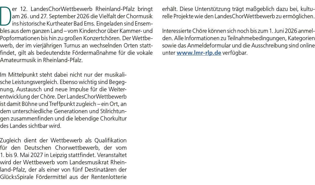 Der 12. LandesChorWettbewerb Rheinland Pfalz bringt am 26. und 27. September 2026 die Vielfalt der Chormusik ins hist...