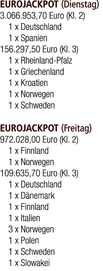 EUROJACKPOT (Dienstag) 3.066.953,70 Euro (Kl. 2) 1 x Deutschland 1 x Spanien 156.297,50 Euro (Kl. 3) 1 x Rheinland Pf...