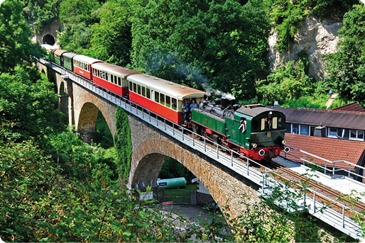 Im Vordergrund und mittleren Bildbereich verl uft von rechts nach links ein mehrbogiges, aus gelblich‑braunem Stein gebautes Viadukt. Auf dem Viadukt f hrt ein Museumszug: vorne eine kompakte Dampflokomotive in Gr n mit schwarzem Kessel und roten Zierleisten. Aus dem Schornstein steigt eine d nne wei e Dampfwolke. Hinter der Lok folgen mehrere kurze Personenwagen, die in einem kontrastreichen Rot mit hellbeigen D chern und Fensterb ndern lackiert sind; ist ein offenes Plattformende an einem Wagen zu erkennen, auf dem Menschen stehen. Ganz links hinten endet das Viadukt in einem dunklen Tunnelportal, aus dem der Zug offenbar gerade hervorgefahren ist. Rechts neben dem Viadukt liegen einige Geb ude mit roten D chern, darunter eine niedrige Halle; unter den B gen des Viadukts f hren Wege und ein umz unter Bereich entlang. Die Umgebung ist dicht bewaldet mit sattem Gr n; rechts ragen steile, bewachsene Felsen auf. Sonniges Tageslicht beleuchtet die Szene, schafft starke Kontraste zwischen sonnenbeschienenen Fl chen und schattigen Stellen unter den B umen und B gen.