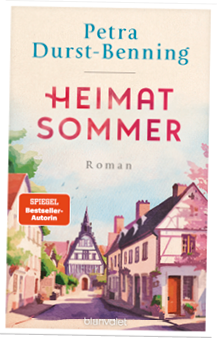 Buchcover des Romans „Heimatsommer“ von Petra Durst-Benning. Oben steht der Name der Autorin in blauer Schrift, darunter der Titel in gro en roten Buchstaben. Im unteren Bereich ist eine farbenfrohe Illustration eines idyllischen Dorfes mit Fachwerkh usern und einer Kirche zu sehen. Ein orangefarbener Hinweis kennzeichnet die Autorin als „SPIEGEL Bestseller-Autorin“. Unten ist der Verlag „blanvalet“ angegeben.