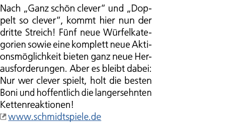 Nach „Ganz sch n clever“ und „Doppelt so clever“, kommt hier nun der dritte Streich! F nf neue W rfelkategorien sowie...