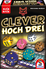 Packungsfront des W rfelspiels „Clever Hoch Drei“ mit gro em Titel, mehreren bunten W rfeln in der Bildmitte und einem kleinen Fuchs‑Logo oben links.