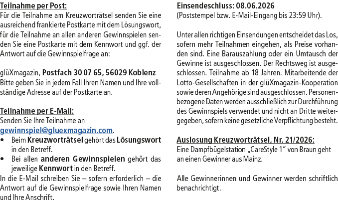 Teilnahme per Post: F r die Teilnahme am Kreuzwortr tsel senden Sie eine ausreichend frankierte Postkarte mit dem L s...
