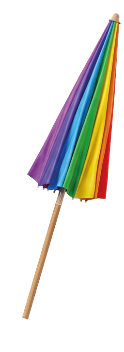 Buntes, geschlossenes Strand- oder Sonnenschirm‑Dach in leichter Schr gstellung nach rechts oben. Der Stoff zeigt senkrechte Streifen in Regenbogenfarben: von links beginnend Violett, Blau, T rkis, Gr n, Gelb, Orange bis Rot.
