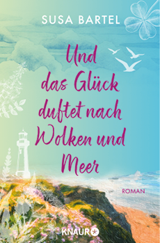 Buchcover im Hochformat mit sommerlich‑maritimer Gestaltung. Oben auf hellblau‑t rkisfarbenem Aquarellhintergrund steht in wei er, serifenloser Schrift der Autorenname „SUSA BARTEL“. Das Titelmotiv nimmt die Bildmitte ein: in gro en, handschriftlich wirkenden, magenta‑farbenen Buchstaben der Titel „Und das Gl ck duftet nach Wolken und Meer“. Im unteren Bilddrittel liegt eine malerische K stenlandschaft mit felsiger Klippe, bl henden, pastellfarbenen Grasfl chen und einem schmalen Strand rechts; die Farben dort sind warmes Gr n, Rosa und Sandt ne. Links ist schemenhaft, als wei e Illustration, ein Leuchtturm und zarte Bl ten‑ und Blattornamente zu sehen; rechts schweben wei stilisierte Seev gel  ber dem Meer. Insgesamt wirkt die Gestaltung wie eine Aquarell‑Collage: zarte,  berlagerte Texturen, weiche Farbverl ufe von T rkis zu Blau und pastelligen Landt nen. Stimmung: ruhig, hoffnungsvoll und leicht romantisch, vermittelt Urlaubs‑ und Meeresgef hl.